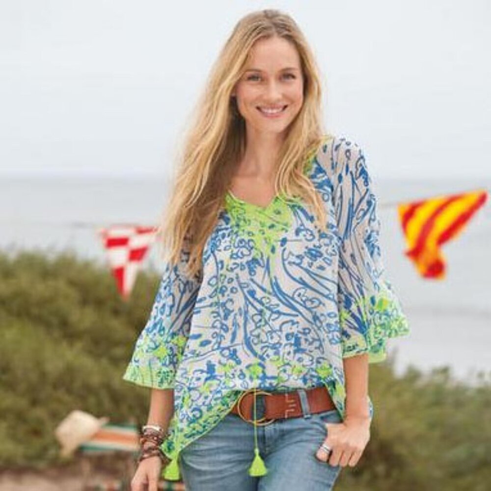 SUNDANCE: NWOT Blue Green Tassel Blouse